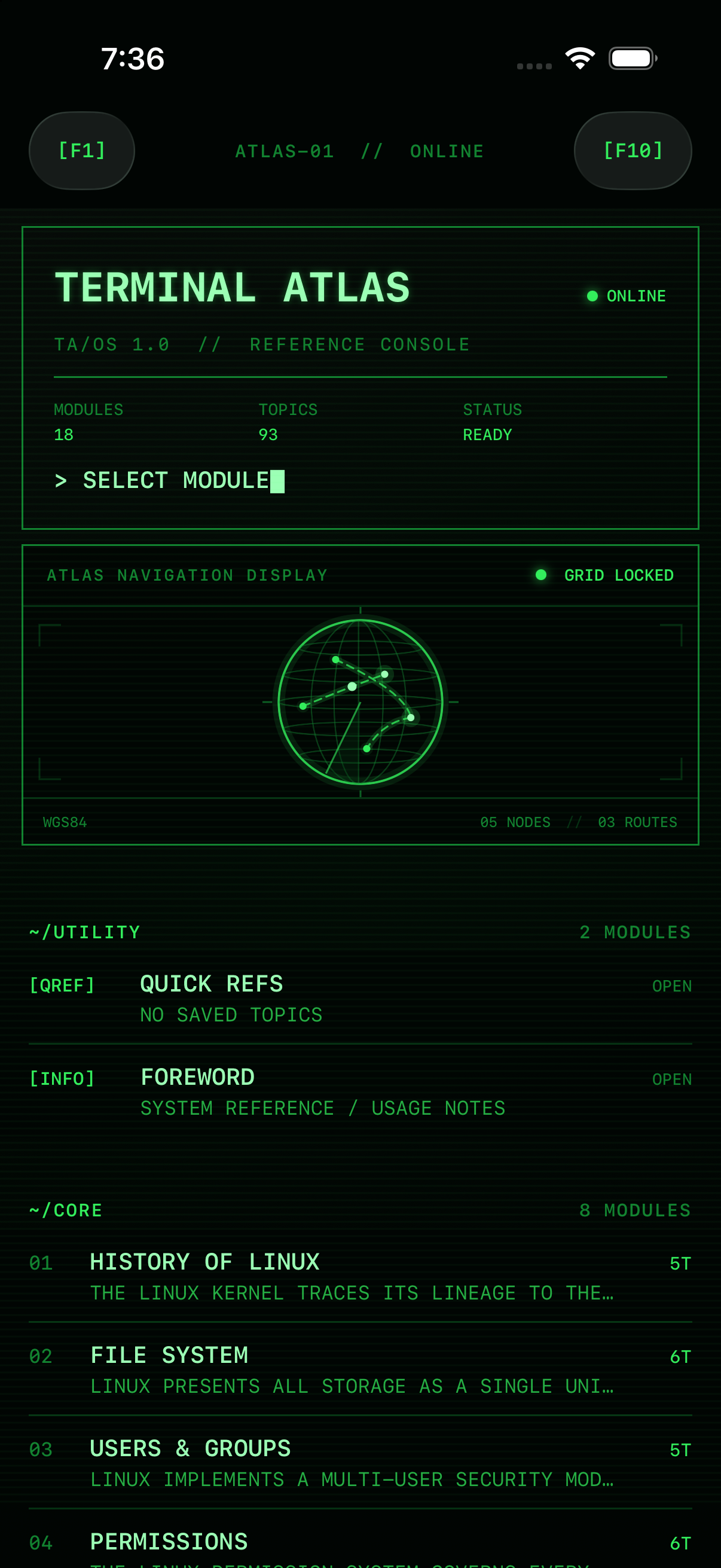Terminal Atlas iPhone home screen in Phosphor Green